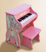 An adorable toddler piano sits on the ground and can easily be raised into an upright as a child grows. For ages 3 and up Horse decoration on one side Makes chime-like piano sounds Songbook included with classic songs Keys spaced to teach proper finger placement Removable color-coordinated strip guides small fingers from chord to chord Hardwood/hardboard 17W X 10¾H X 10½D Imported