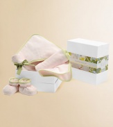 A set that's sure to delight a new mom in pure, organic terry packaged in a reusable gift box. Set includes baby hooded towel, multi-use cloth, baby washcloth and a pair of booties. Towel, 30 square Multi-use cloth, 16 X 30 Washcloth, 9 square Booties, 0-6 months Organic cotton terry velour with cotton knit binding; machine wash Imported