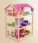 This large dollhouse is created in wood with an open design that offers plenty of room to play from all angles. Designed with three floors of fun, 10 rooms and 45 pieces of furniture, plus two bright pink staircases.