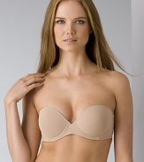 A strapless padded push-up bra with a smooth contoured shape. Convertible removable straps. Ultra soft lining and tagless. Hook and eye closure.