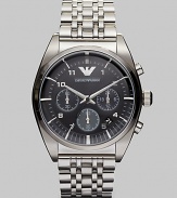 Sleek and shiny stainless steel bracelet is accented with a textured dial with chronograph functionality.Round bezelQuartz movementWater resistant to 5ATMDate function at 4Stainless steel case: 43mm (1.69)Stainless steel braceletSecond handImported