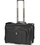 Your answer for clothes encounters! Pack up a trip's worth of your wardrobe and arrive fashionably fresh with the smart removable suiter system of this rolling garment bag. With extra-wide hold-down straps, this bag sorts and organizes all of your clothes essentials and makes it easy to get from here to there with go-everywhere easy-glide wheels. Lifetime warranty.