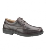 A real workhorse of an oxford, this sturdy pair of leather men's dress shoes is treated to be completely waterproof and to resist separation between the outsole upper sections. Features a strike-back and a high density energy-return gel pad precisely placed at the heel point of impact. Imported.