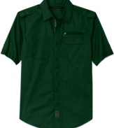 A short-sleeved utility shirt with the full-on complement of pockets, epaulets, zippers, buttons, and grommets in full-on Sean John style.