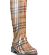 Look stylish on those rainy days in these tall check rain boots.