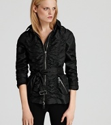 Ruched seams add a feminine touch to Burberry London's Brecon jacket, a short and sweet style with a versatile, detachable hood.