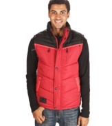 With a color block design and a no-bulk warm fit, this Marc Ecko Cut & Sew vest will keep you trendy and toasty.