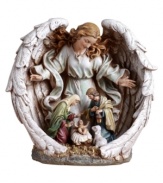 A peaceful guardian angel looks after the holy family--and your home--in this elaborately detailed nativity scene from Napco.