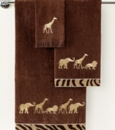 Embroidered animals in metallic gold embellish this Animal Parade bath towel, featuring coordinating cheetah chenille trim for a chic, safari-inspired look.