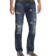 Waste not. These distressed jeans from Guess are made from a recycled cotton blend for style with a story.