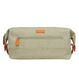 Washable coated linen dopp kit with cowhide leather trim and expandable sides. Interior zip pockets and one outer zip pocket. Interior lining is coated for washability.