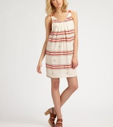 French-inspired ticking stripes and embroidery elevate this easy-fit silk shift styled with soft pleats around the neck.V-neckSleevelessPleats at bodiceBack VAbout 20 from natural waistSilkDry cleanImportedModel shown is 5'9½ (176cm) wearing US size Small.
