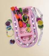 Make lots of jewelry with tons of beads and beading tray. Set includes beads, bells, sequins, shells, beading tray, elastic, colored and hemp strings, tape measure, beading needles and easy instructions in a storage case.14 tallRecommended for ages 8 and upImported