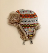 This essential trapper hat is crafted in a bold Fair Isle pattern and trimmed with plush faux fur for extra-cozy warmth.Faux fur trimDouble snap-close chin strapFully lined85% cotton/15% merino woolHand washImported