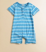 Handsome stripes, layered-look short sleeves and a side patch pocket make this adorable little playsuit a must-have for your little one.CrewneckShort sleevesButton-frontBottom snaps39% supima pima/39% micro modal/22% polyesterMachine washImported Please note: Number of buttons and snaps may vary depending on size ordered. 