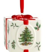 With an historic pattern starring the most cherished symbol of the season, Spode's Christmas Tree Holiday Present ornament is a festive gift to holiday homes. With mistletoe and holly, all wrapped up in a red bow. Ornament differs slightly from product shown; item is not dated.