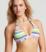 In a cute color way, Echo's striped halter bikini top is destined to become a poolside favorite--whether worn with the matching bottom or something cool and clashing.