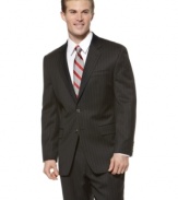 Command respect. This striking black pinstripe blazer features a strong silhouette and a classic cut. Notched lapel with two button closure at front. Welt pocket at chest and flap pockets at front. Interior pocket. Single vent at back.