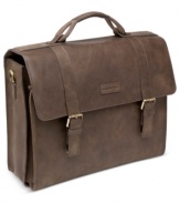 The allure of leather. This rich, buttery soft bag features a slim profile and flap-over design with statement touches, like a signature figure-eight handle & classic buckle closures. Opening to reveal a spacious main compartment with padded laptop protection, file pocket, stash pockets and so much more, this leather brief makes sophisticated living easy.
