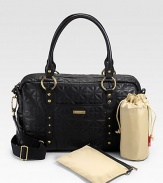 Stylish diamond-quilted leather bag features a removable thermo-insulated bottle holder, a padded changing mat, key-ring clip and individual compartments for baby's necessities, including a cell phone compartment.Adjustable, removable shoulder strap, 22 drop Top zip closure 11H X 17½W X 5½D Imported