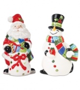 Savor every meal of the holiday season with Fitz and Floyd salt and pepper shakers. An especially jolly Santa and equally cheerful snowman don matching scarves and gifts for the table.