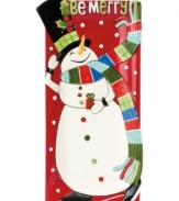 Make holiday treats extra merry with a whimsical Fitz and Floyd tray. An over-the-top hat and braided detail in his scarf make the snowman a standout on casual tables.