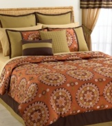 Spice up your room with the warm tones and captivating patterns of the Aztec Medallion room in a bag. This complete set boasts an intricate jacquard comforter and shams along with everything you need for an instant room makeover... including coordinating window treatments, decorative pillows, European shams and more! (Clearance)