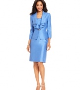 A cascading ruffled collar and jeweled closure elevate this skirt suit from Tahari by ASL. A pair of strappy sandals is all you need to complete a stunning special occasion ensemble.