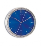 Meant to be seen, not heard, this Opal Clocks wall clock combines an electric-blue dial and smooth, soundless movement in sleek, brushed aluminum. With a double-sided second hand and numberless design.