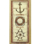 Stay close to the shore with this rustic wall art. Distressed wood and icons of the coast, beach and port steer your decor on a nautical course.