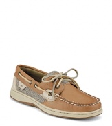 Classic women's stain and water resistant leather boat shoes with plaid linen insets on sides. Wear them with khakis for a classic look or make them edgy with cuffed boyfriend jeans. Even better, carry it into Spring with your favorite pair of cutoff shorts. A versatile shoe for any season.