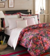 The Midnight comforter set features a vibrantly colored wildflower garden over a black ground. A polka-dotted reverse allows you to mix and match to suit your mood. Complete the look with the Midnight striped sheet set for extra ladylike luxe. (Clearance)