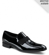 Patent leather slides with rubber sole grosgrain ribbon detailing across the front. Features a smooth finish bottom.