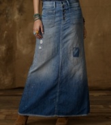 Inspired by your favorite pair of well-worn jeans, this Denim & Supply Ralph Lauren long denim skirt is patched, faded and frayed for an authentic, worn-in look that captures the spirit of downtown bohemian style.