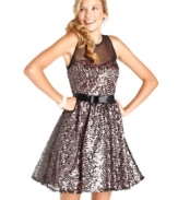 City Studios creates a modern dress with its high neckline, sweetheart-style bust, glittering sequins, and a classic A-line silhouette!