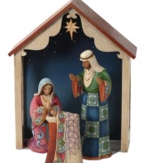 Capturing the tranquility and unbelievable wonder of the manger scene, this nativity adds new colors and brilliant designs to Mary, Joseph and baby Jesus' garments. The quaint stable is set against the dark of night and prominently displays the captivating star.