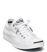 These classic shoes made famous by Jack Purcell are as popular as ever. Leather low-top sneakers with stripe detail at toe.