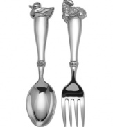 Baa! Quack! Farmyard Friends baby flatware gets toddlers acquainted with the animal kingdom and, with beautiful nickel-plated handles, is something parents can appreciate too. From the Williamsburg by Reed & Barton collection.