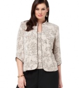 A sparkly printed jacket and cami with crisp piped trim makes an elegant option for an evening out. Pair with this plus size ensemble with dressy chiffon pants or your favorite floor-length skirt for a dazzling look.