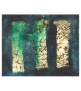 No rolling hills or fluffy sheep in sight, this ultra-modern piece by Michelle Oppenheimer offers a fresh perspective on the classic pastoral landscape. Indigo frames and divides a cluster of grass-green strokes and sand-colored surroundings while a web of black blankets the entire canvas.