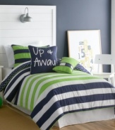 Up, up and away you go! Put a bit of prep in your bed with this Up and Away decorative pillow pack, featuring contrasting lime green and navy blue hues to coordinate perfectly with the matching comforter set.