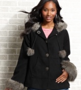 Designed with sumptuous faux-fur trims and a voluminous, a-line shape, Me Jane's hooded swing coat is one outdoor layer that's big on style!