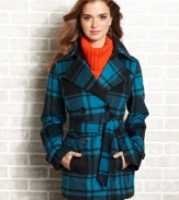 A trench for frigid temps, this wool-blend style from Jou Jou adds character to your coat closet thanks to its bold, plaid print.