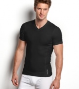 Stay cool and look cool in this slim fit Calvin Klein v-neck t-shirt featuring moisture wicking technology.
