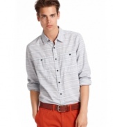 Roll up your sleeves. The fine lines on this shirt from American Rag point the way toward cool, casual style.