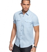 Need to sharpen your casual style? Try this short-sleeved shirt from Kenneth Cole to add some polish to your denim look.