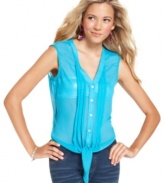 Eyeshadow unites sheer style with tie-front design on a summer-loving blouse that suits your easygoing fashion code!