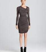 Helmut Lang's ruched dress boasts a form-fitting silhouette with flattering ruching.