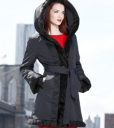 Faux fur trim and an oversized hood lend a dramatic feel to Jones New York's elegant belted coat.