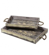 Functional and full of charm, Rafi trays are crafted of distressed wood with stripped ivory detail for a charming antique look. With woven grass handles.